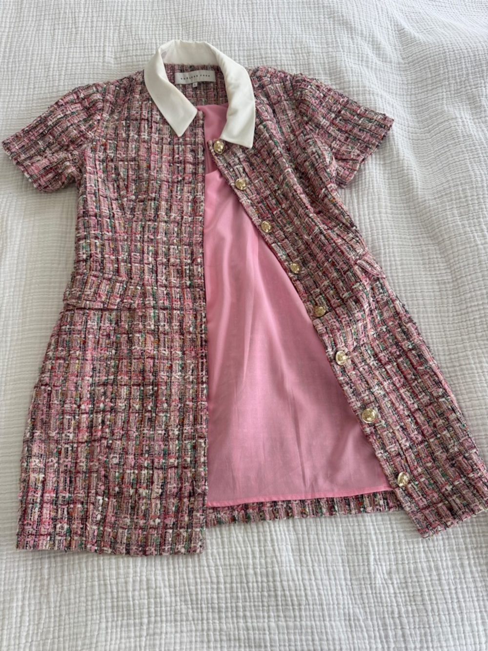 Womens Pink Tweed Button-Front Dress with White Collar - Picture 2 of 3